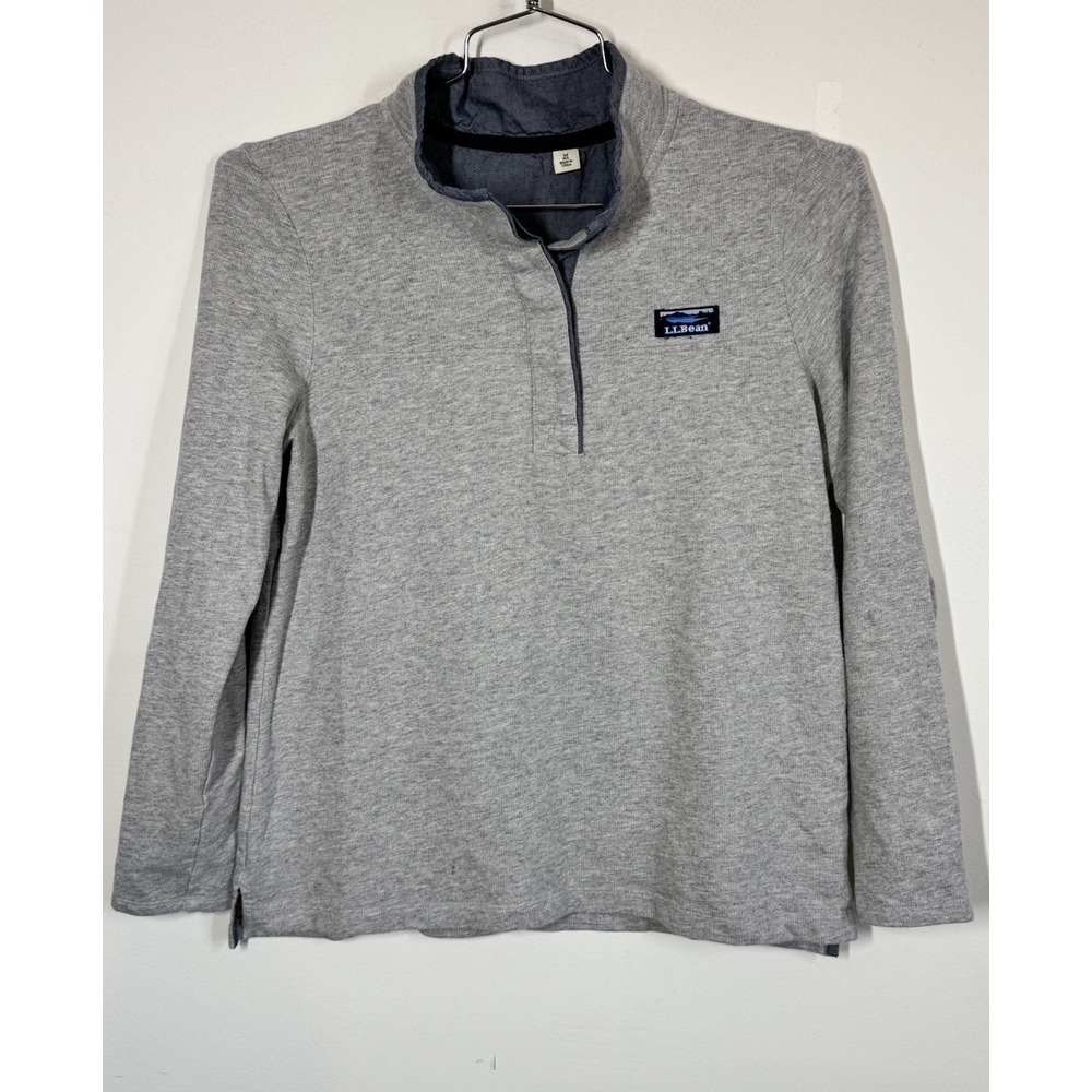 LL Bean French Terry Gray Soft Cotton Long Sleeve Rugby Shirt Med Denim Collar